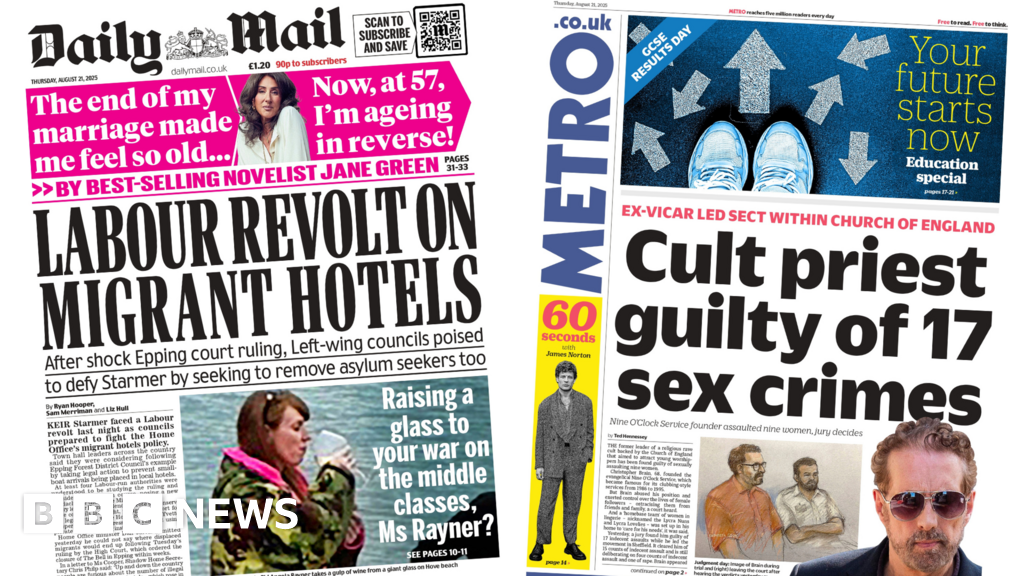 'Labour revolt on migrant hotels' and 'cult priest guilty'.